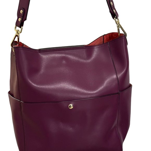 Bostanten purple plum leather 11” drop 15x14x5” Purse extra strap makeup bag - Picture 2 of 12